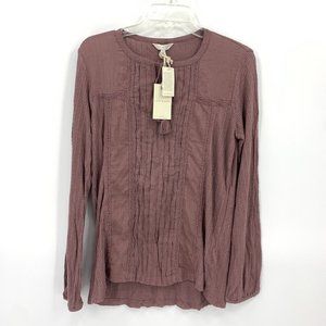 Lucky Brand Shirt Long Sleeve Boho Neck Tassel Brown Lightweight Womens Medium